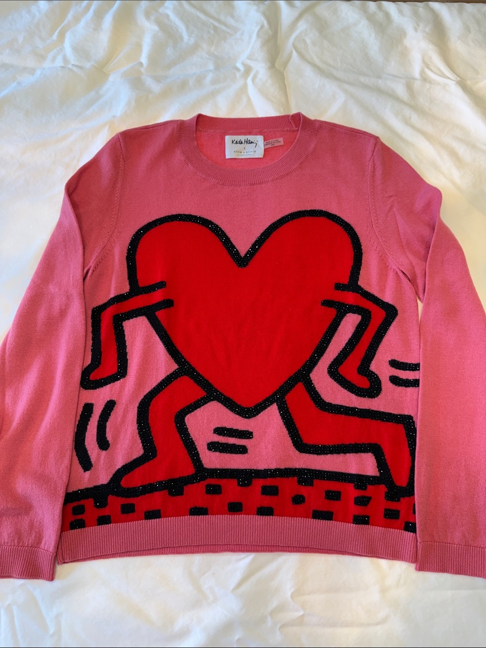 Alice + Olivia x Keith Haring Pink & Red Heart Beaded Graphic Sweater